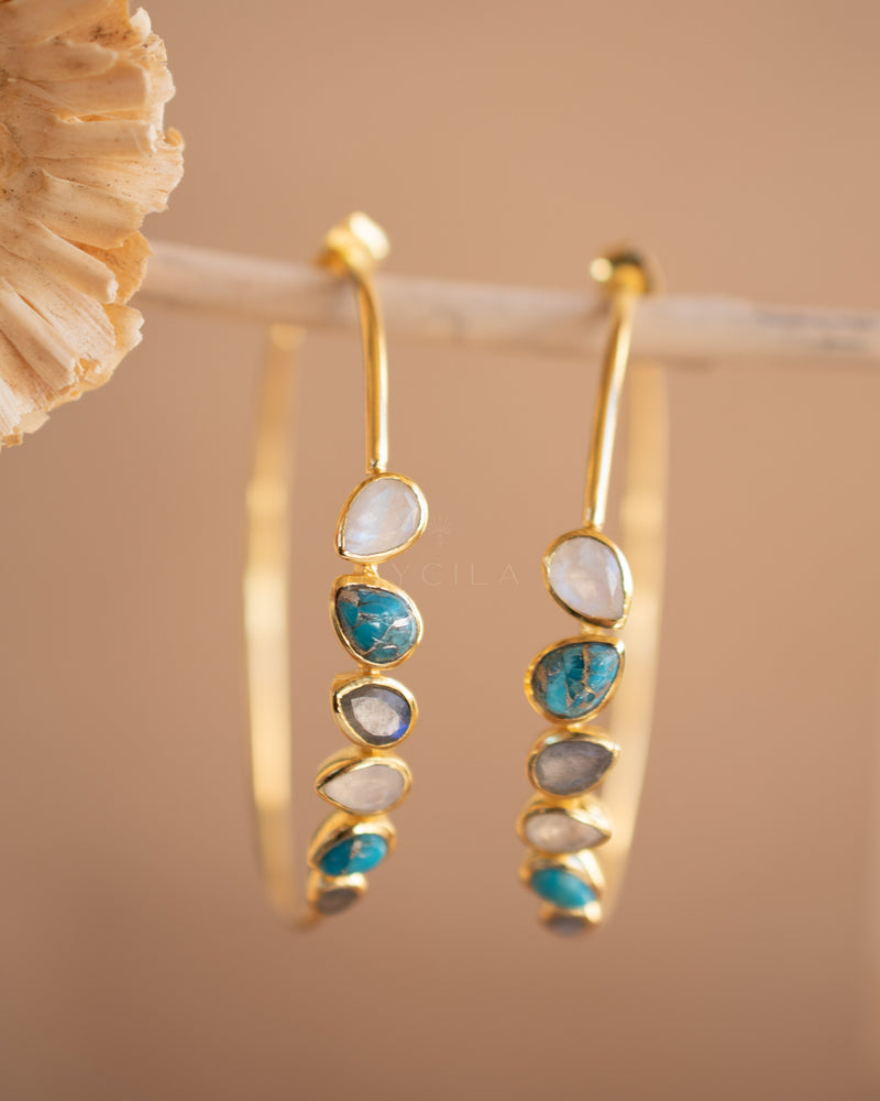 Nati Earrings * Moonstone, Copper Turquoise & Labradorite * Gold Plated 18k * BJE290