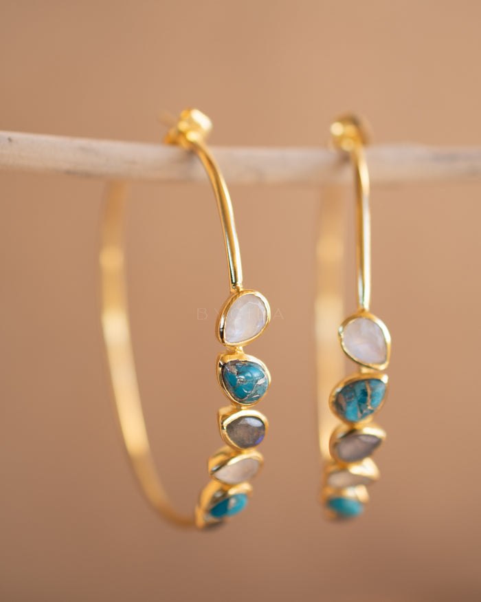 Nati Earrings * Moonstone, Copper Turquoise & Labradorite
