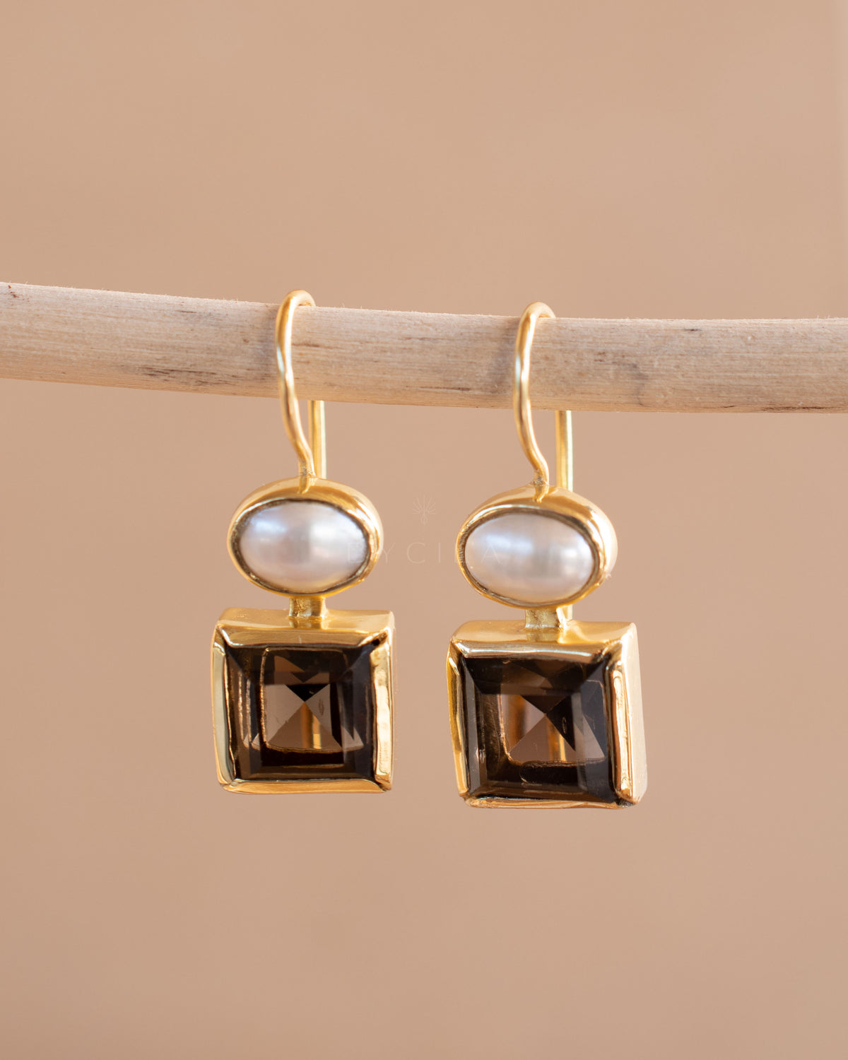 Faby Earrings * Smoky Quartz & Pearl * Gold Plated 18k * BJE287