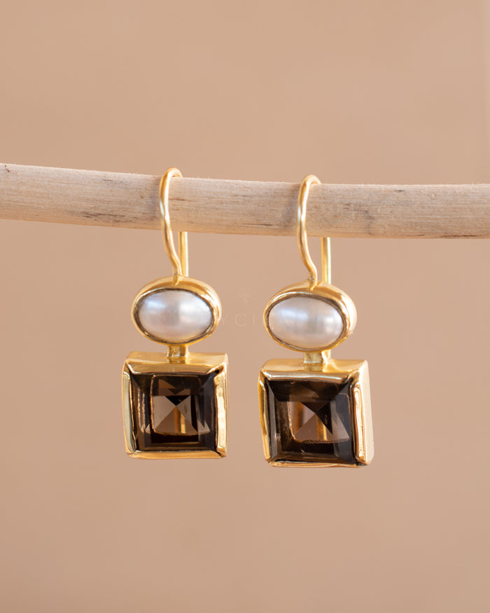 Faby Earrings * Smoky Quartz & Pearl * Gold Plated 18k * BJE287
