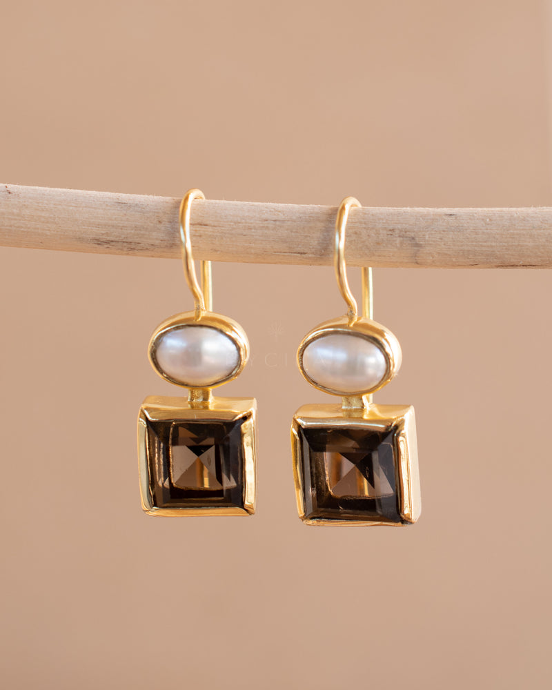 Faby Earrings * Smoky Quartz & Pearl * Gold Plated 18k * BJE287
