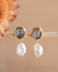 Danuza Earrings * Labradorite & Pearl * Gold Plated * BJE264
