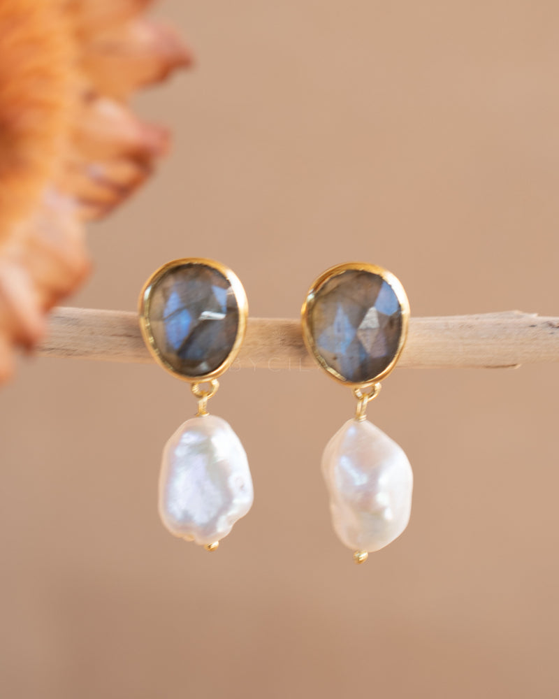 Danuza Earrings * Labradorite & Pearl * Gold Plated * BJE264