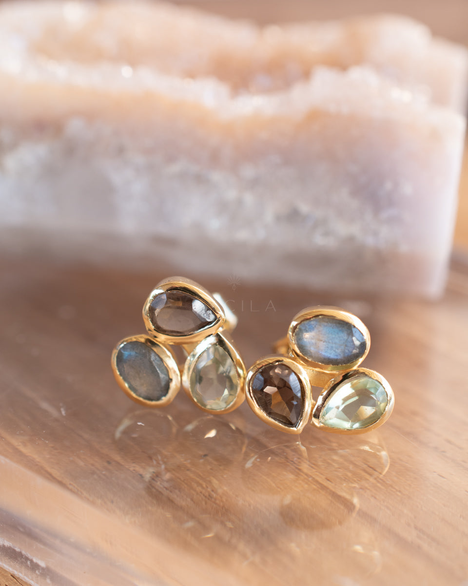 Camille Earrings * Smoky Quartz, Labradorite & Blue Topaz hydro * Gold Plated 18k * BJE307
