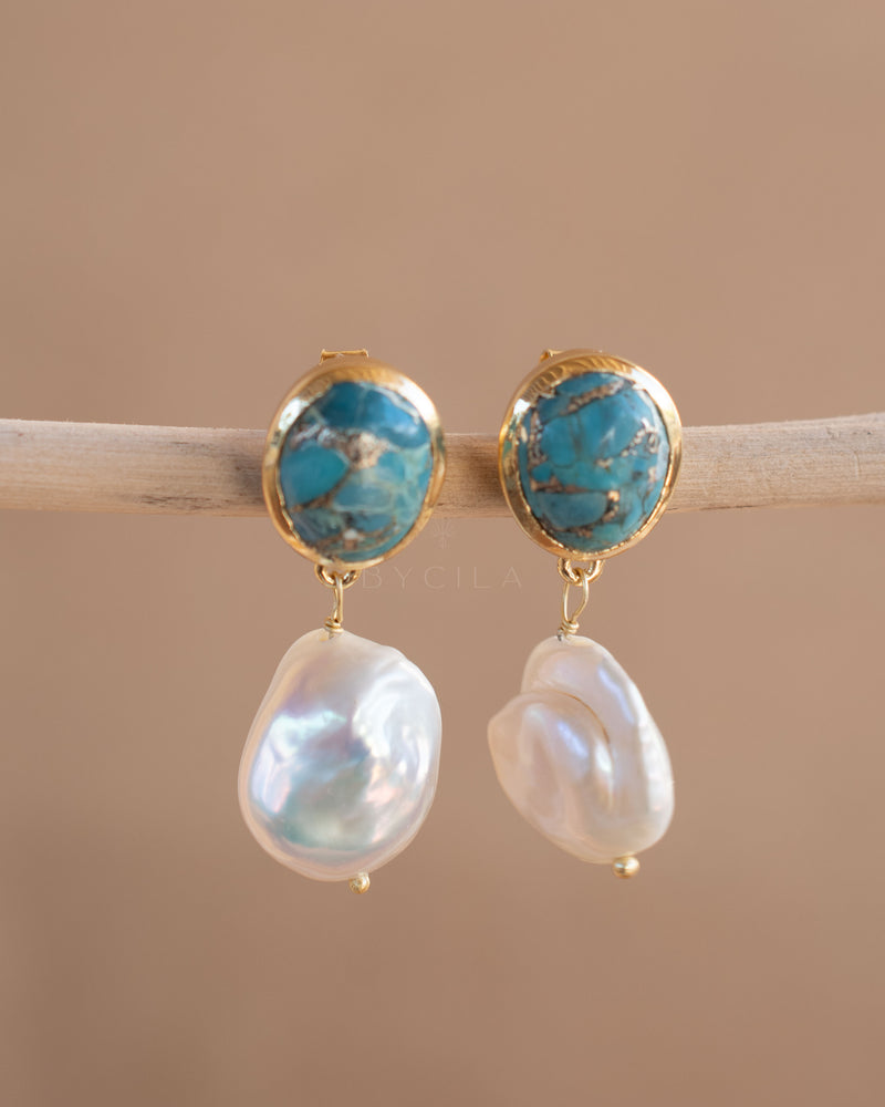 Danuza Earrings * Copper Turquoise & Pearl * Gold Plated * BJE263