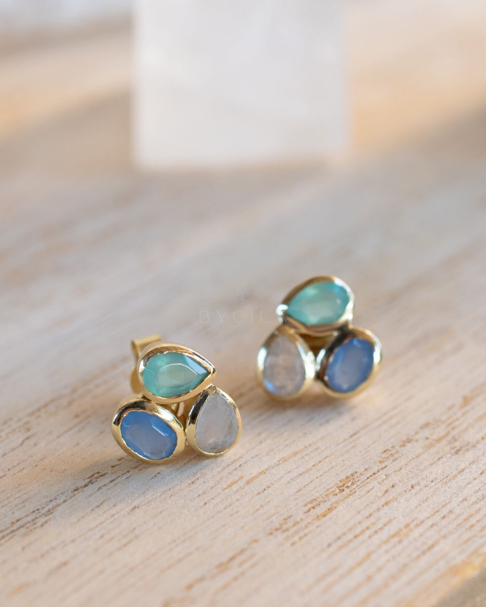 Camille Earrings * Moonstone, Aqua Chalcedony hydro & Purple Chalcedony hydro * Gold Plated 18k * BJE308