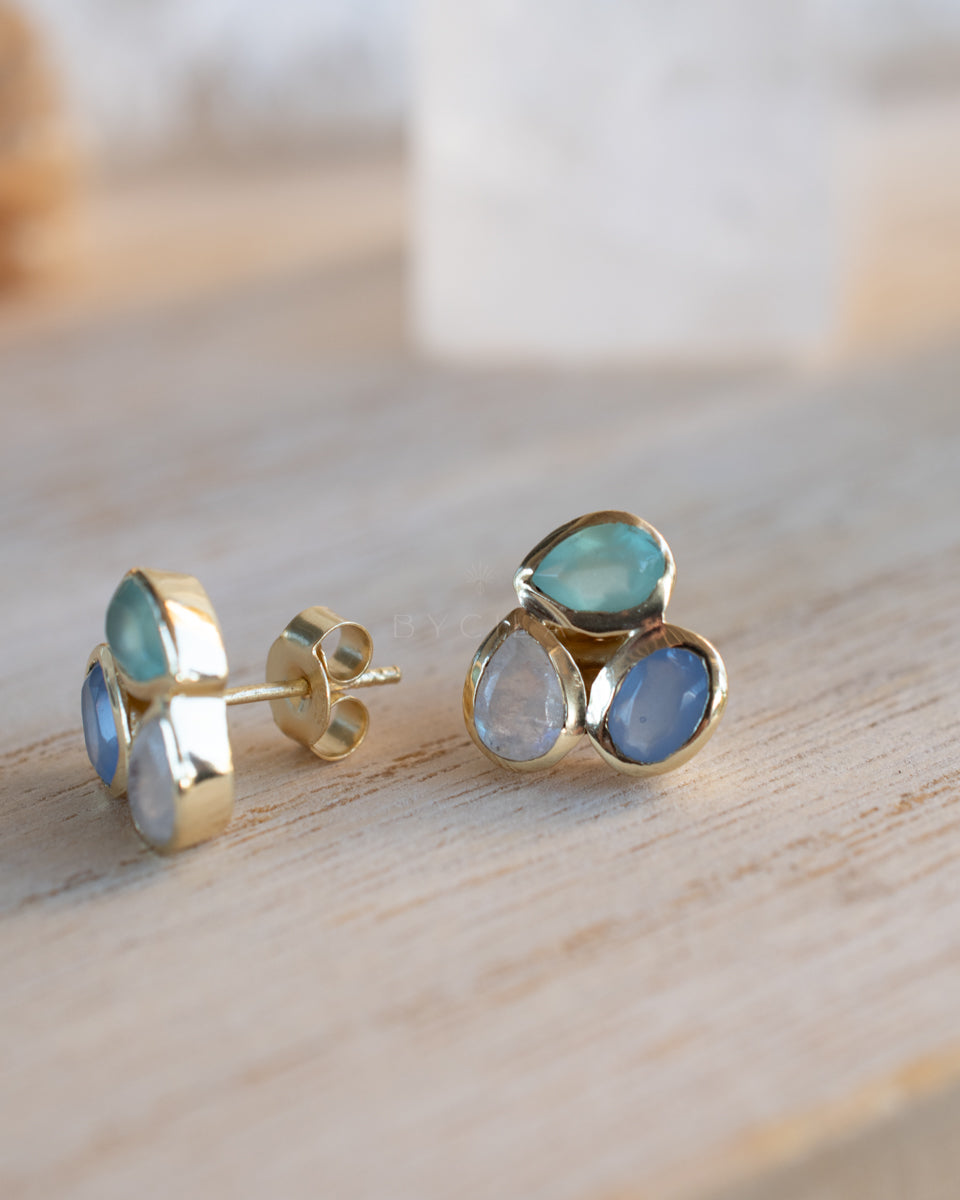 Camille Earrings * Moonstone, Aqua Chalcedony hydro & Purple Chalcedony hydro * Gold Plated 18k * BJE308