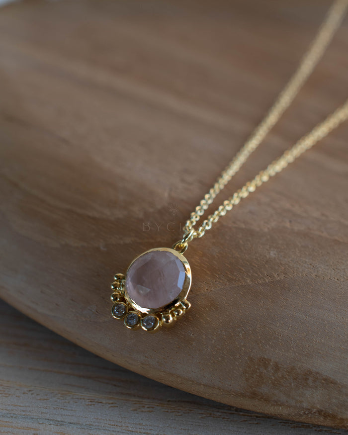 Edil Necklace * Labradorite, Moonstone or Rose Quartz & CZ * Gold Plated * BJN196