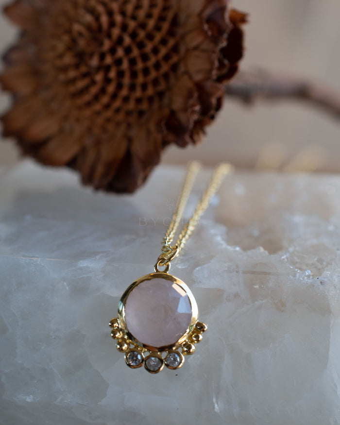 Edil Necklace * Labradorite, Moonstone or Rose Quartz & CZ * Gold Plated * BJN198