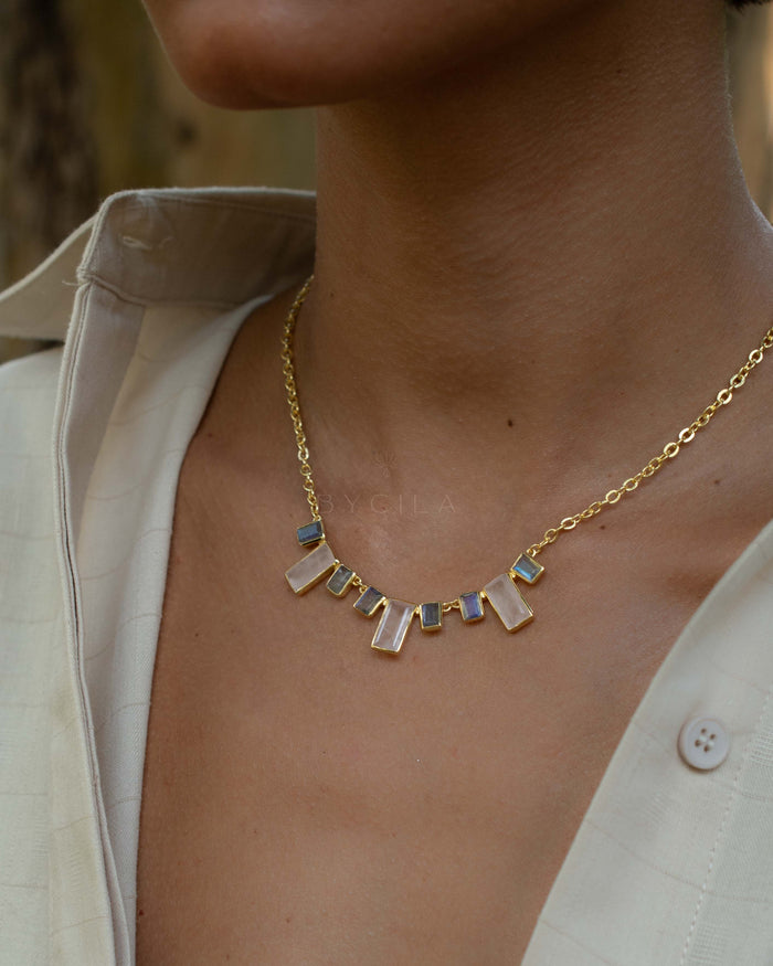 Elyana Necklace *Rose Quartz & Labradorite * Gold Plated 18k * BJN206