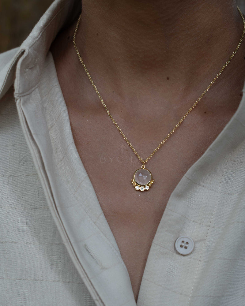Edil Necklace * Labradorite, Moonstone or Rose Quartz & CZ * Gold Plated * BJN198