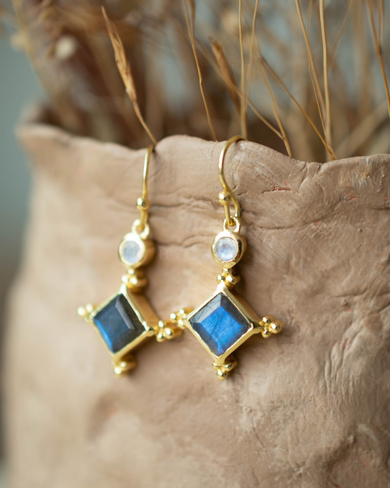 Laila Earrings * Labradorite & Moonstone * Gold Plated * BJE293