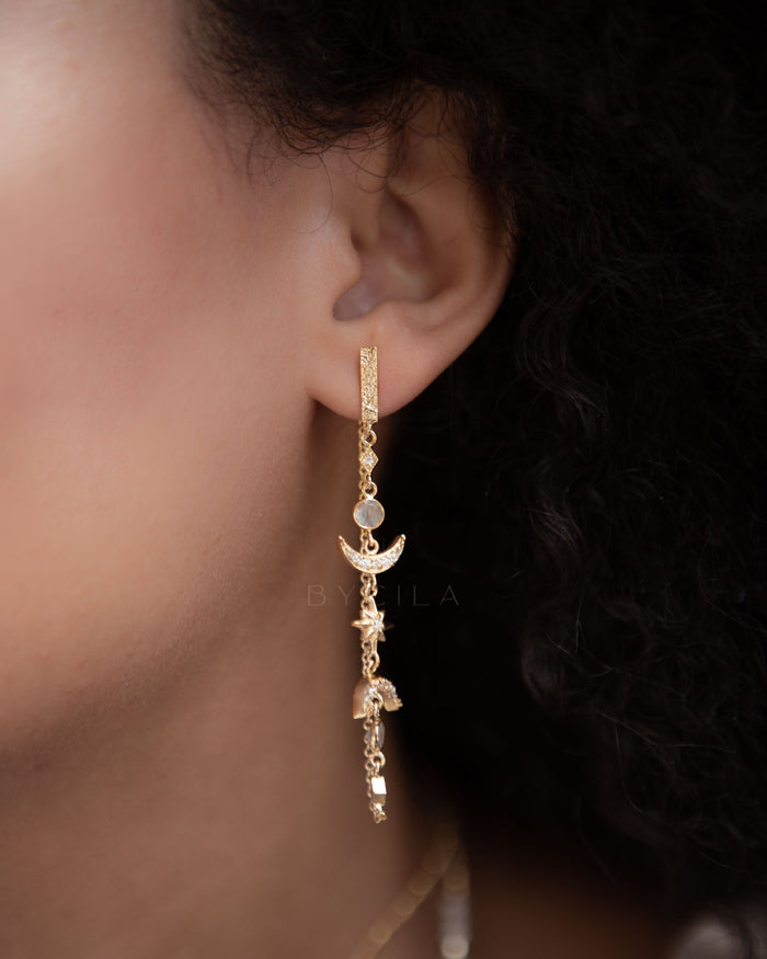 Half Moon Moonstone & Cubic Zirconia Earrings * Gold Plated 18k * BJE225
