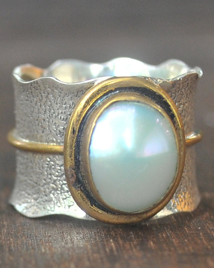 Pearl Ring * Sterling Silver Ring * Silver Bronze Ring * Wide Ring * Handmade ring * Wave band ring * BJR287