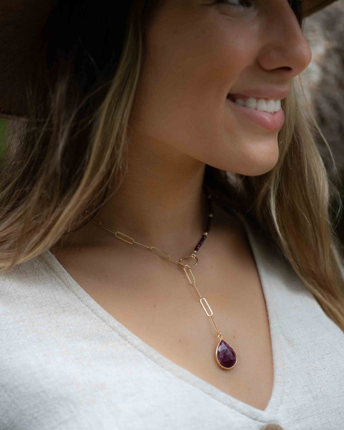 Ruby * Tear Drop * Lariat Necklace * Gold * Gemstone * Statement * Bycila *Bridesmaid * BJN051