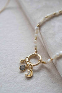 Mother of pearl beads Necklace * Boho Necklace * Half Moon * Cubic Zirconia * Labradorite Gemstone * Modern * Layered * BJN111