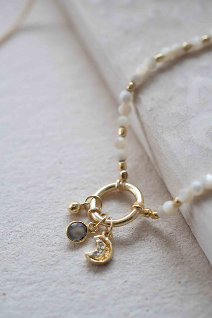 Mother of pearl beads Necklace * Boho Necklace * Half Moon * Cubic Zirconia * Labradorite Gemstone * Modern * Layered * BJN111