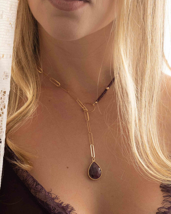 Ruby * Tear Drop * Lariat Necklace * Gold * Gemstone * Statement * Bycila *Bridesmaid * BJN051