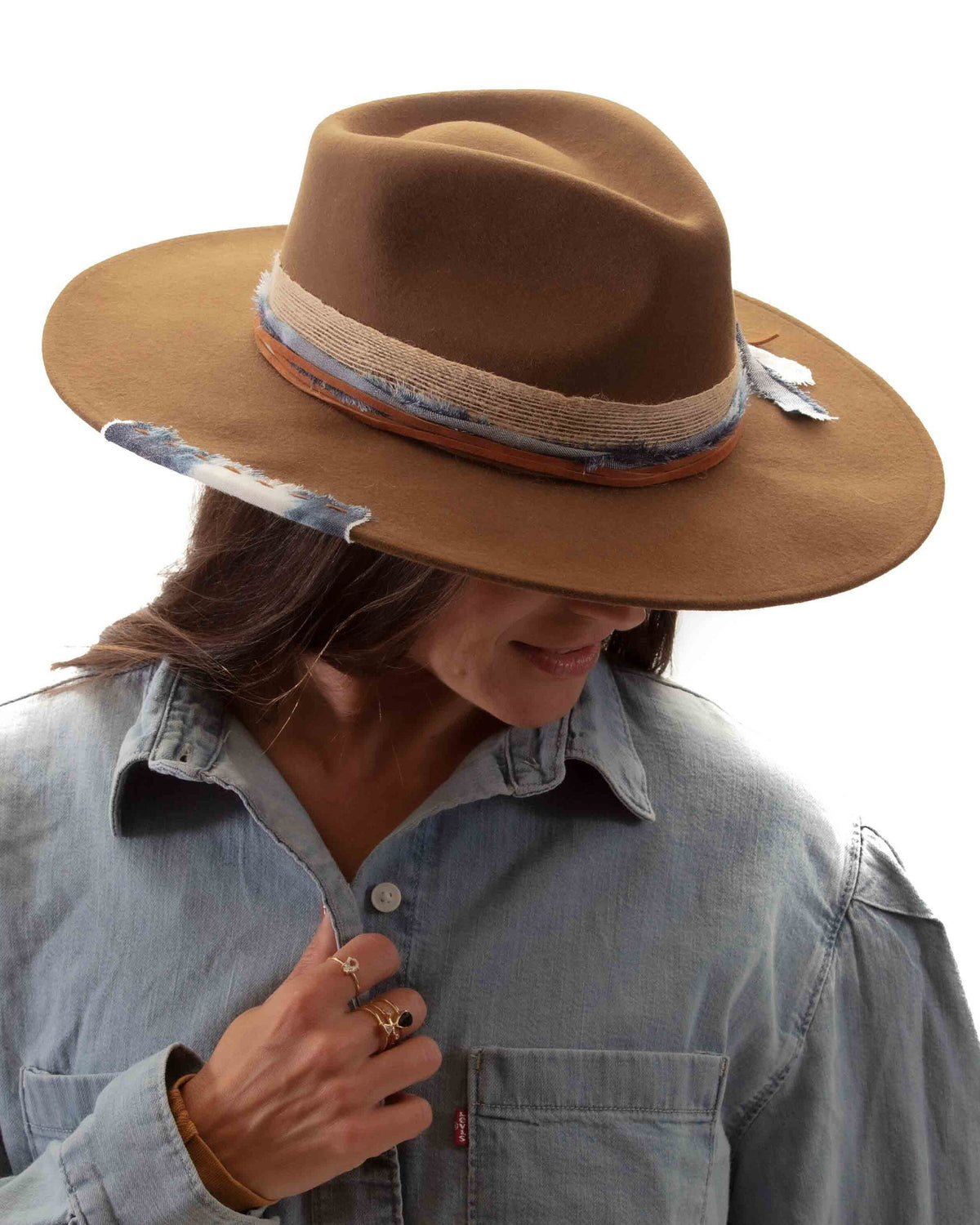Denim Frayed Fedora Hat~Jeans~Feather Rustic Cord~Custom Designed~Australian Wool~Chic Boho~Bohemian~Cowgirl Western Wild Women Style~Cowboy