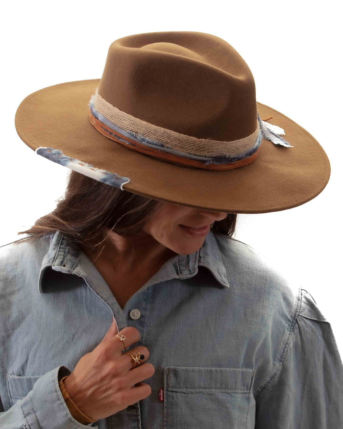 Denim Frayed Fedora Hat~Jeans~Feather Rustic Cord~Custom Designed~Australian Wool~Chic Boho~Bohemian~Cowgirl Western Wild Women Style~Cowboy