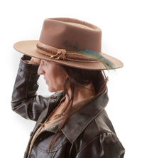 Thin Peacock Feather Hat~hand-carved leather Fedora~Australian Wool~Custom design~Chic Boho~Bohemian~Cowgirl Western Wild Women Style~Cowboy