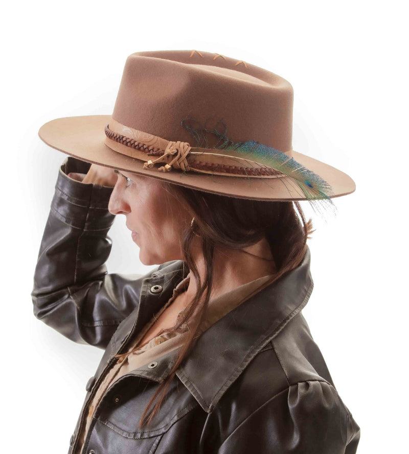 Thin Peacock Feather Hat~hand-carved leather Fedora~Australian Wool~Custom design~Chic Boho~Bohemian~Cowgirl Western Wild Women Style~Cowboy