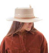 Peacock Feather Hat~Cotton Band~Camel Nude Fedora~ Australian Wool ~Custom design~Chic Boho~Bohemian~Cowgirl Western Wild Women Style~Cowboy