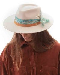 White Flower Hat with Blue Scarf ~ Australian Wool ~ Hand Embroidered Fedora ~ Chic Boho~Bohemian ~ Cowgirl Western Wild Women Style ~Cowboy