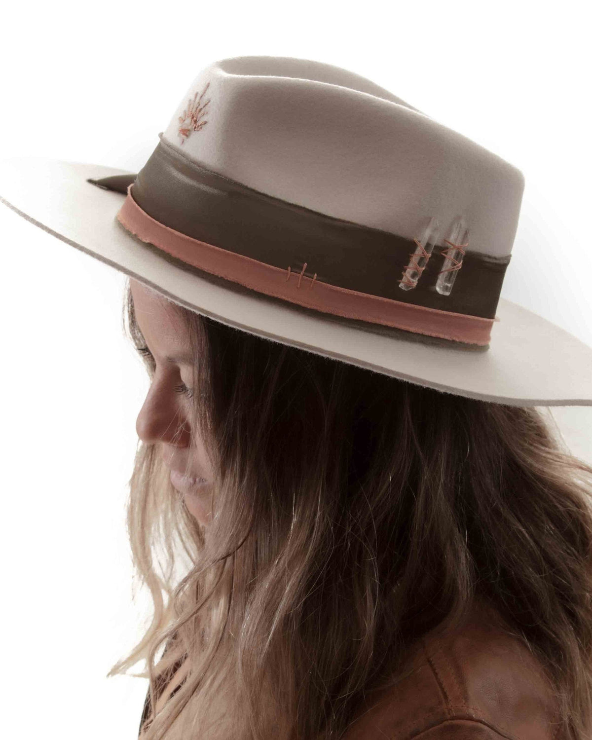 Crystal Sun Embroidered Gemstone with Green and Orange Sued Band~Australian Wool~Fall Winter~Chic Boho~Bohemian~Cowgirl Western Wild Women