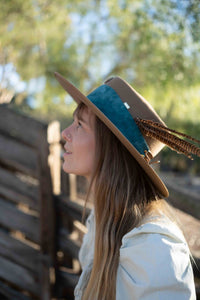 Gold Plated Cowboy Pin with Brown Feather and Blue Sued Band~Australian Wool~Custom design~Chic Boho~Bohemian~Cowgirl Western Wild Women