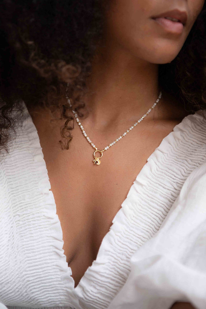 Mother of pearl beads Necklace * Boho Necklace * Half Moon * Cubic Zirconia * Labradorite Gemstone * Modern * Layered * BJN111