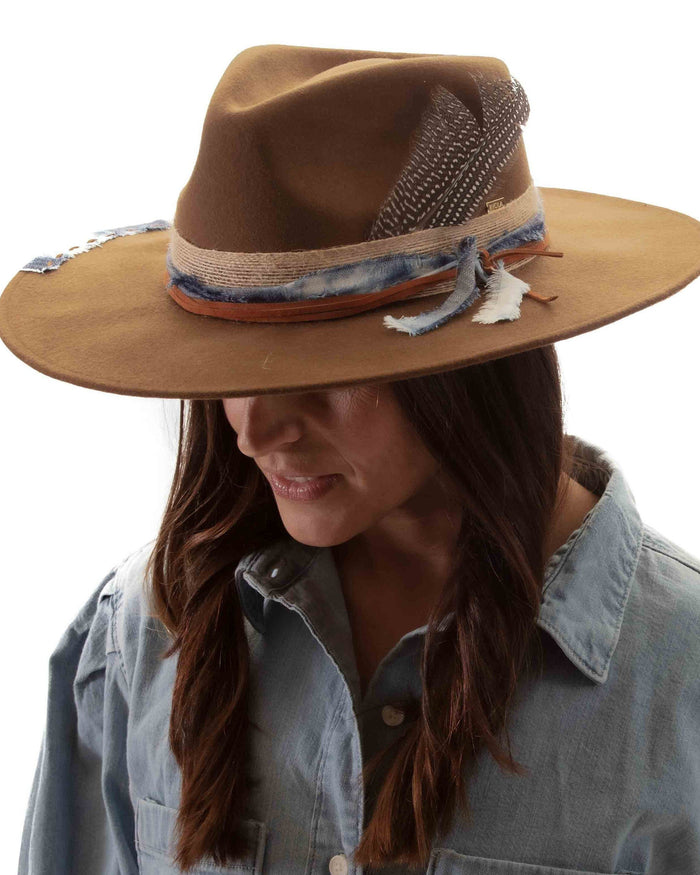 Denim Frayed Fedora Hat~Jeans~Feather Rustic Cord~Custom Designed~Australian Wool~Chic Boho~Bohemian~Cowgirl Western Wild Women Style~Cowboy