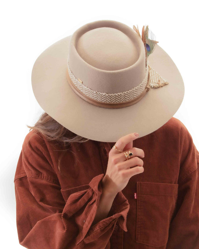 Peacock Feather Hat~Cotton Band~Camel Nude Fedora~ Australian Wool ~Custom design~Chic Boho~Bohemian~Cowgirl Western Wild Women Style~Cowboy