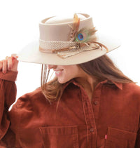 Peacock Feather Hat~Cotton Band~Camel Nude Fedora~ Australian Wool ~Custom design~Chic Boho~Bohemian~Cowgirl Western Wild Women Style~Cowboy