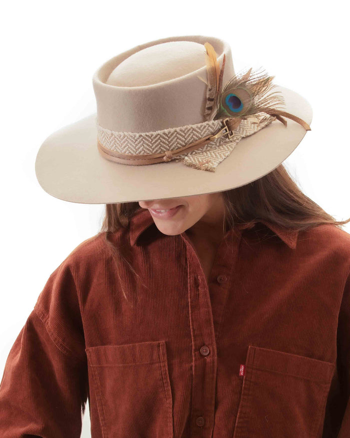 Peacock Feather Hat~Cotton Band~Camel Nude Fedora~ Australian Wool ~Custom design~Chic Boho~Bohemian~Cowgirl Western Wild Women Style~Cowboy
