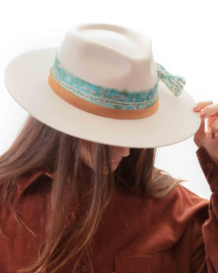 White Flower Hat with Blue Scarf ~ Australian Wool ~ Hand Embroidered Fedora ~ Chic Boho~Bohemian ~ Cowgirl Western Wild Women Style ~Cowboy
