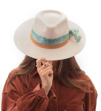 White Flower Hat with Blue Scarf ~ Australian Wool ~ Hand Embroidered Fedora ~ Chic Boho~Bohemian ~ Cowgirl Western Wild Women Style ~Cowboy