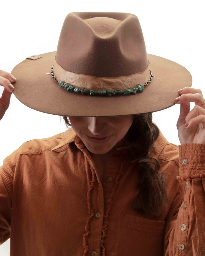 Turquoise Chain Hat ~ Hand Carved Leather Band~Camel Nude Fedora~Australian Wool ~Chic Boho~Bohemian~Cowgirl Western Wild Women Style~Cowboy