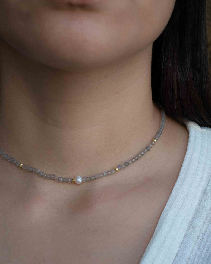 Labradorite & Pearl Bead Necklace * Gold Plated or Sterling Silver 925 * Handmade * Layered * Gemstone * Birthstone * Gift for Her *BJN177A
