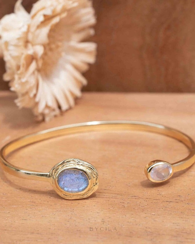 Labradorite & Rose Quartz * Bangle Bracelet * Gold Plated * Gemstone * Adjustable *Statement * BJB049 *