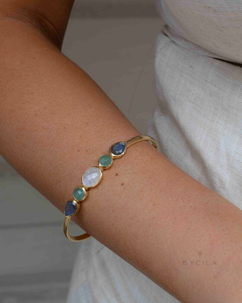 Aqua Chalcedony,Labradorite & Moonstone Bangle Bracelet * Gold Plated, Rose Gold Plated or Silver Plated* Gemstone * Adjustable * BJB042 *