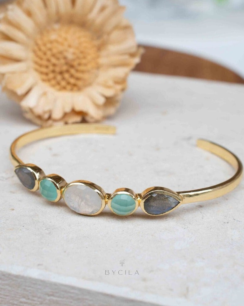 Aqua Chalcedony,Labradorite & Moonstone Bangle Bracelet * Gold Plated, Rose Gold Plated or Silver Plated* Gemstone * Adjustable * BJB042 *