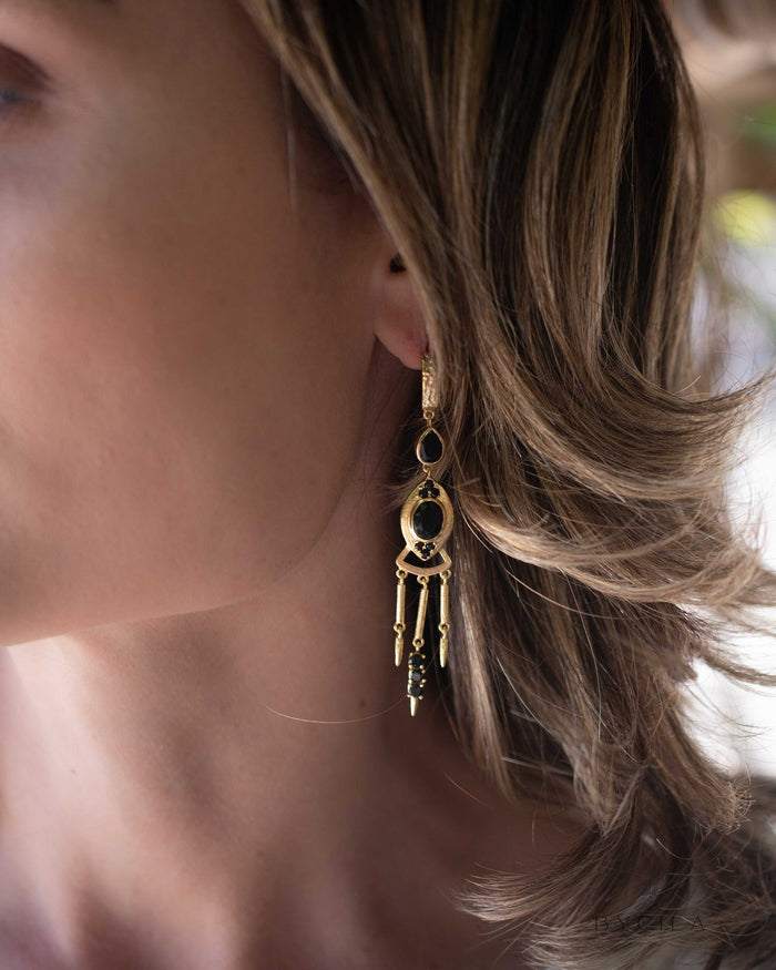 Black Onyx Earrings Stud Gold Plated 18k * Post * Gemstone * Statement * handmade * Long* bohemian * ByCila * BJE222