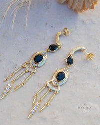 Black Onyx & Cubic Zirconia Earrings Stud Gold Plated 18k * Post * Gemstone * Statement * handmade * Long* bohemian * ByCila * BJE221
