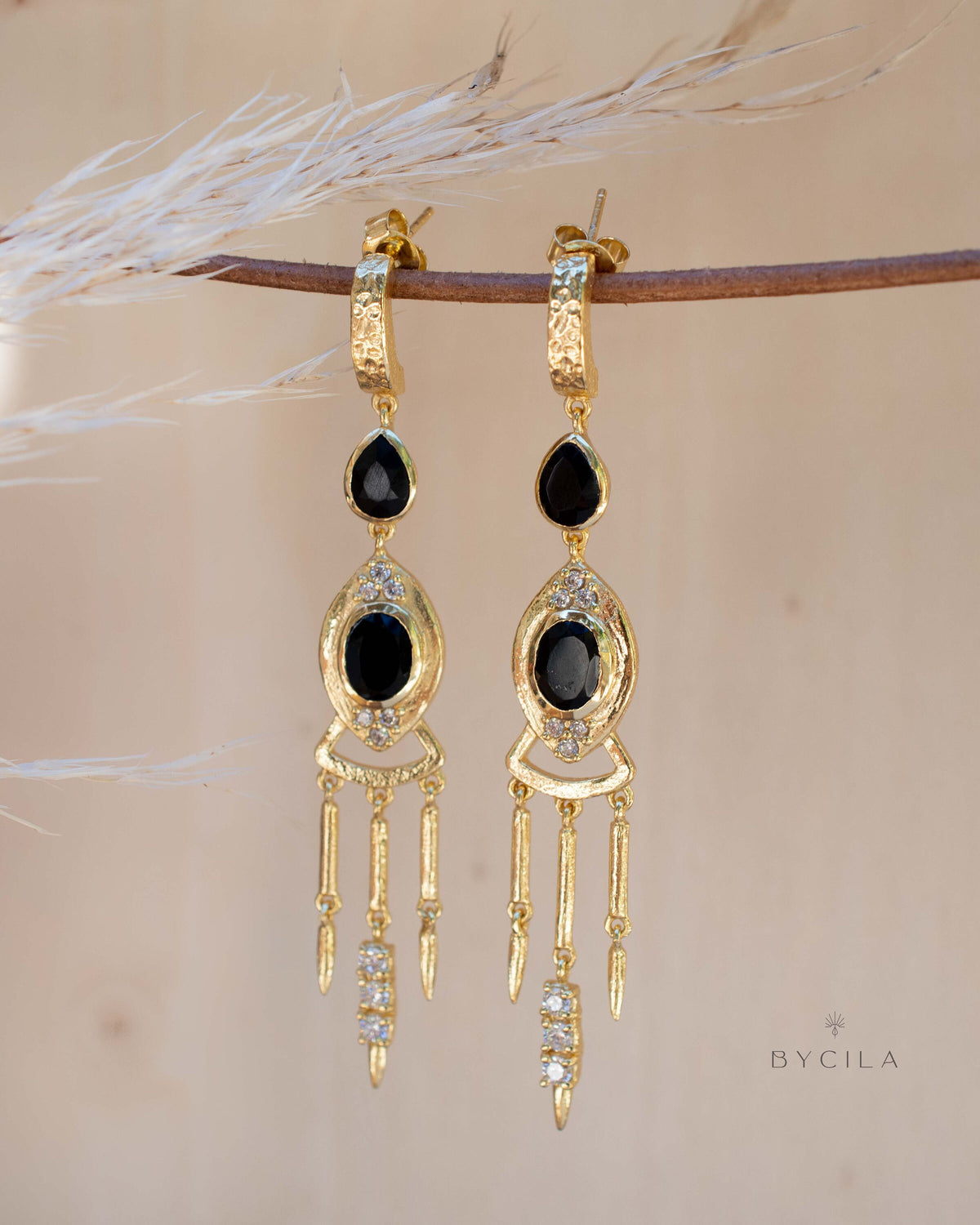 Black Onyx & Cubic Zirconia Earrings Stud Gold Plated 18k * Post * Gemstone * Statement * handmade * Long* bohemian * ByCila * BJE221