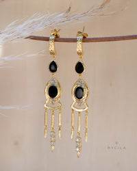 Black Onyx & Cubic Zirconia Earrings Stud Gold Plated 18k * Post * Gemstone * Statement * handmade * Long* bohemian * ByCila * BJE221
