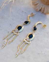Black Onyx & Cubic Zirconia Earrings Stud Gold Plated 18k * Post * Gemstone * Statement * handmade * Long* bohemian * ByCila * BJE221