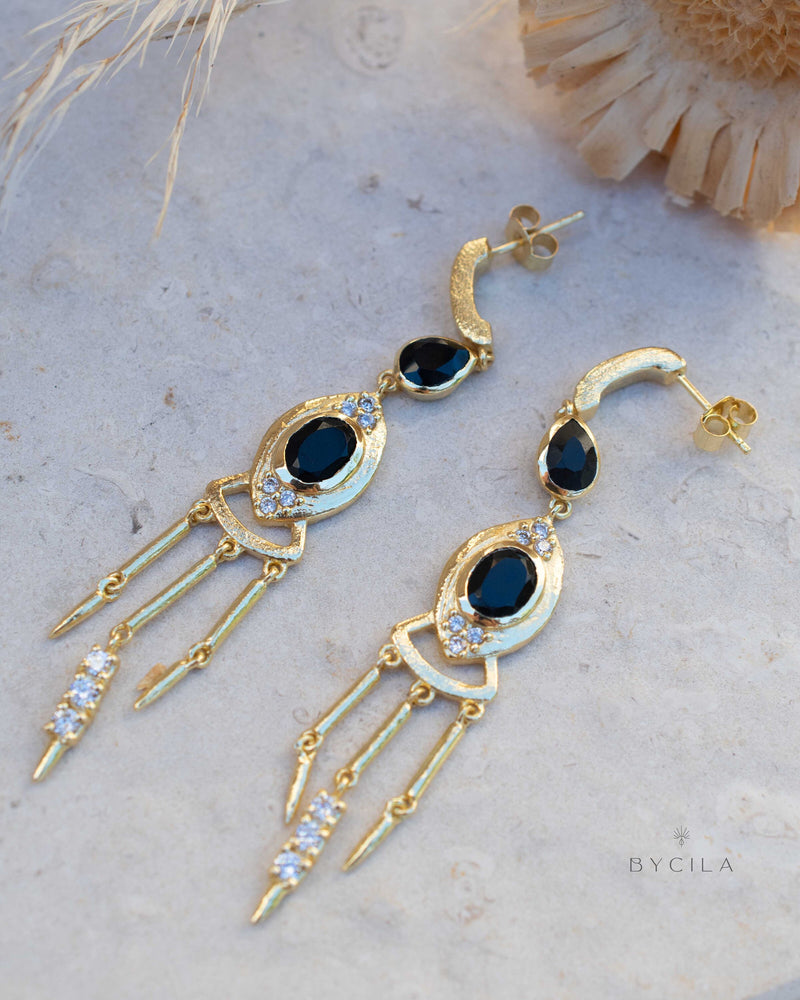 Black Onyx & Cubic Zirconia Earrings Stud Gold Plated 18k * Post * Gemstone * Statement * handmade * Long* bohemian * ByCila * BJE221