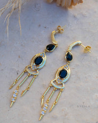 Black Onyx & Cubic Zirconia Earrings Stud Gold Plated 18k * Post * Gemstone * Statement * handmade * Long* bohemian * ByCila * BJE221