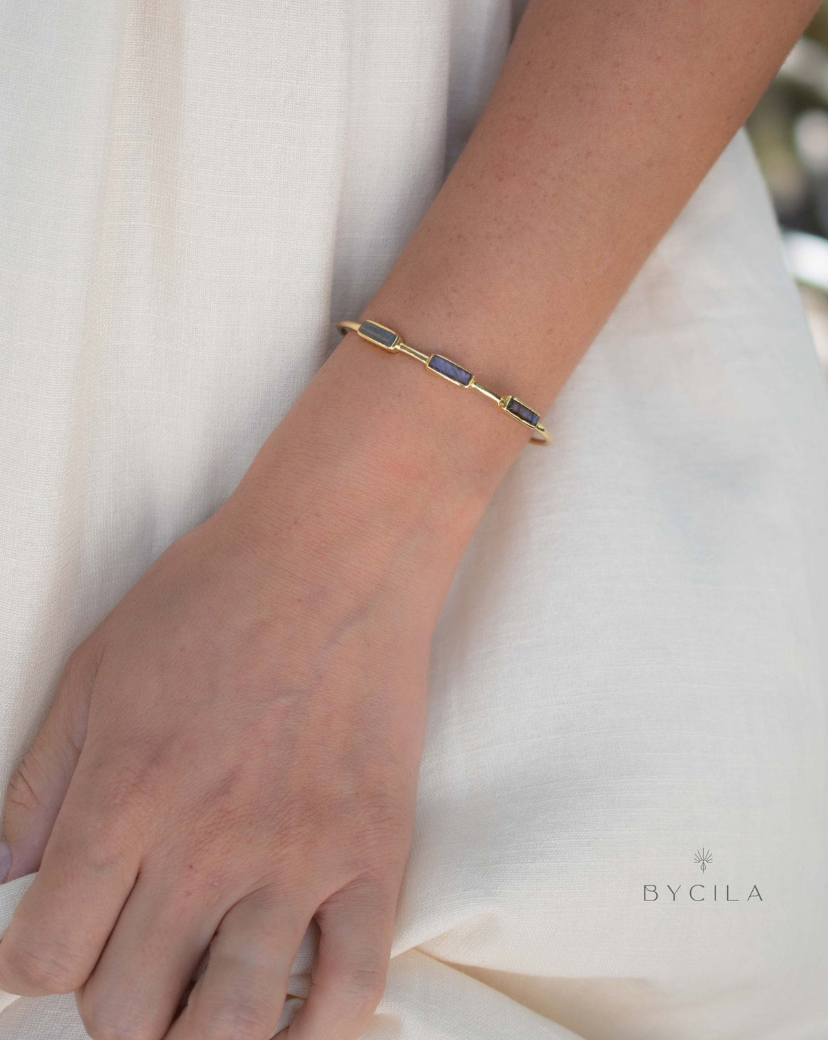 Labradorite Bangle Bracelet *Gold Plated 18k* Gemstone* Gypsy *Hippie * Adjustable * Statement * Stacking * Layering * BJB052